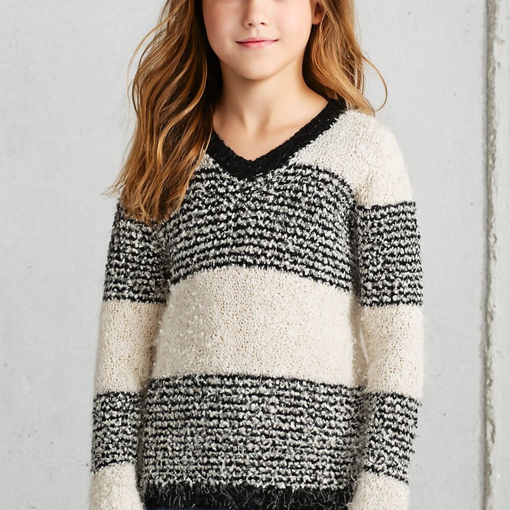 Justice Girls Hooded Sweater Black White Stripes V Neck Size 8